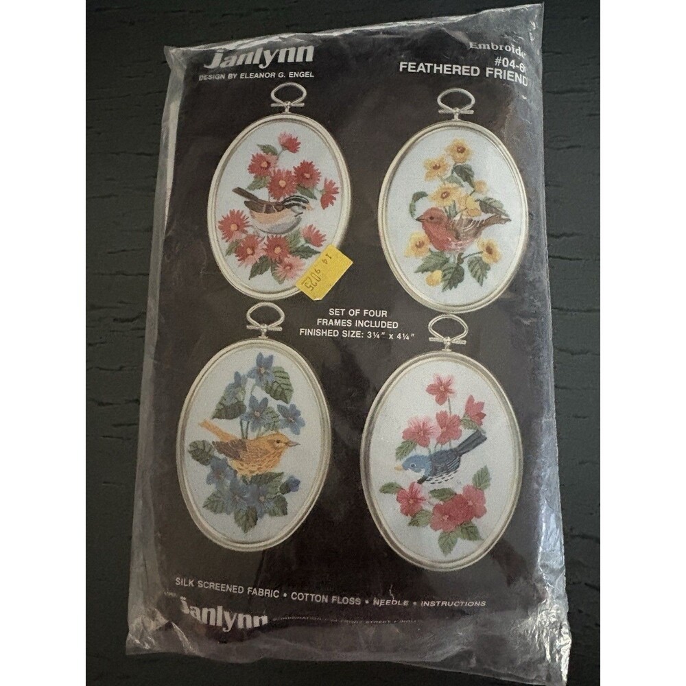 Vintage 1987 Janlynn Feathered Friend Embroidery Kit Set of 4 Birds Frames NEW